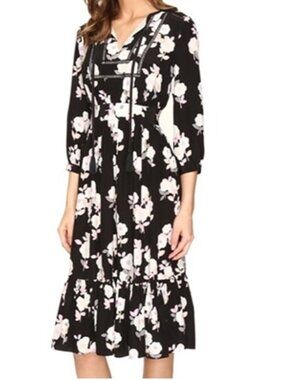 Kate Spade SILK Midi Dress 8 Puff Sleeve Tassel Tie Front Black Posy Baby Shower